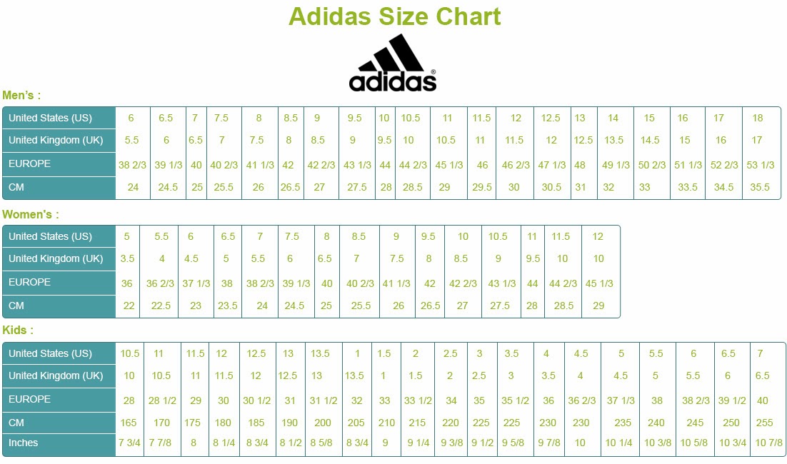 adidas kids size chart